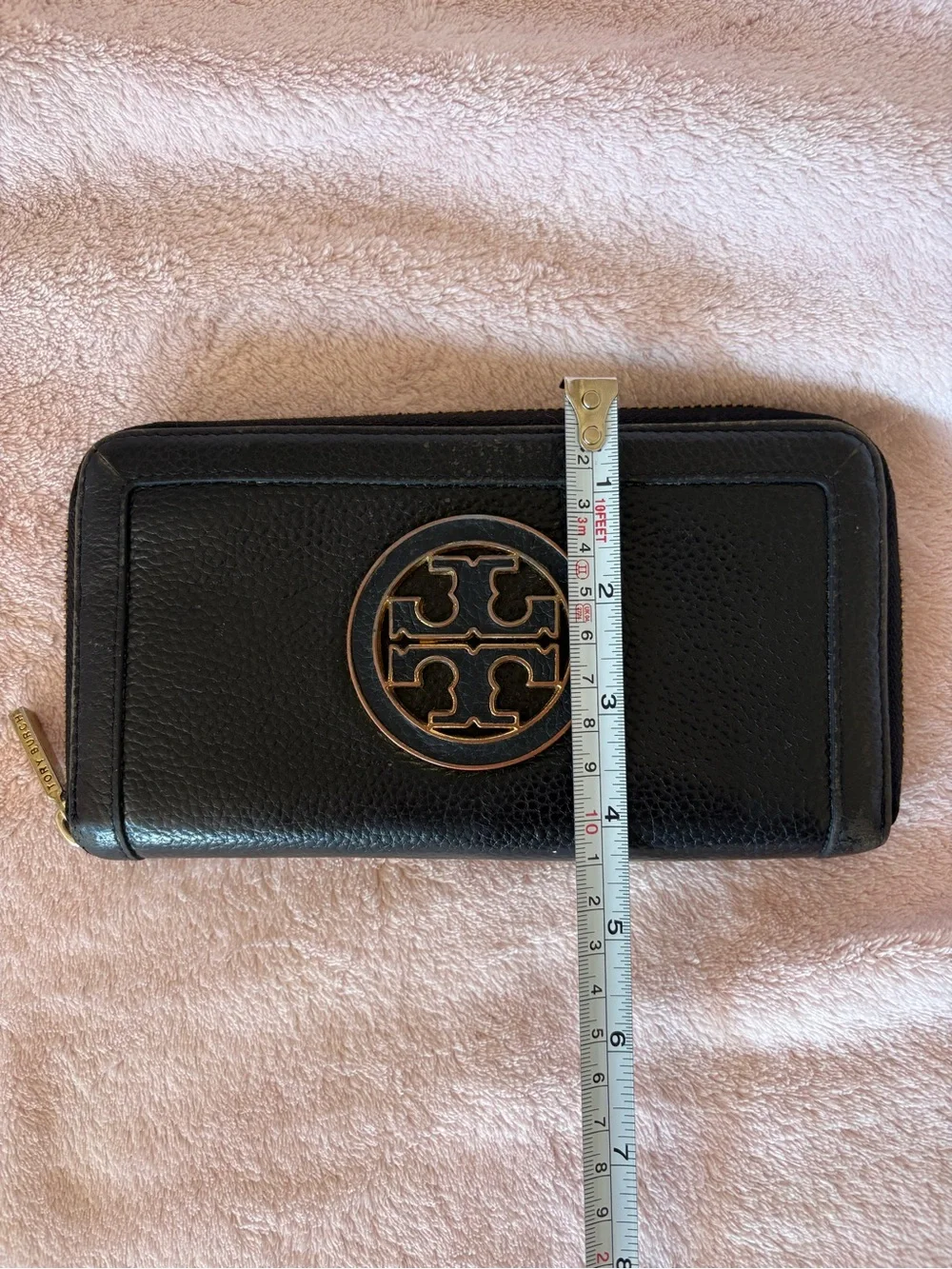 Tory Burch Black Pebbled Leather Zip Wallet with Gold Logo